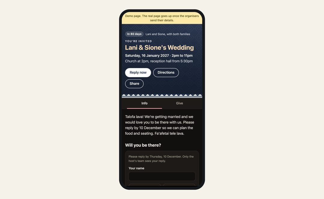 A demo wedding page on Mafutaga, on a phone
