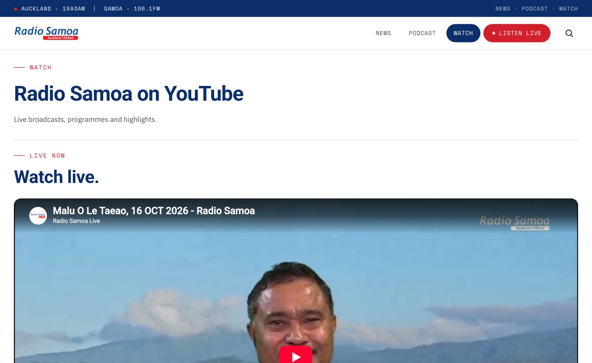 Radio Samoa Watch page with the live YouTube broadcast