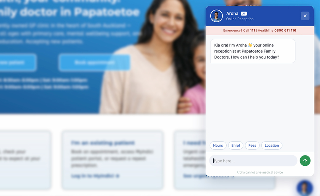 Aroha, the AI receptionist, open on the site